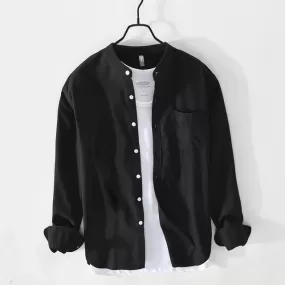 Chinese Collar Black Slub Shirt