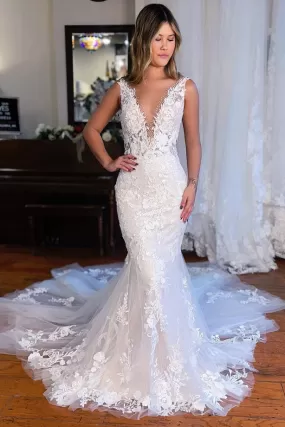 Elegant Mermaid Deep V Neck Lace Wedding Dresses with Beading