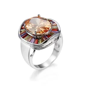 New Statement Big Colorful Champagne CZ Morganite Ring - 925 Sterling Silver