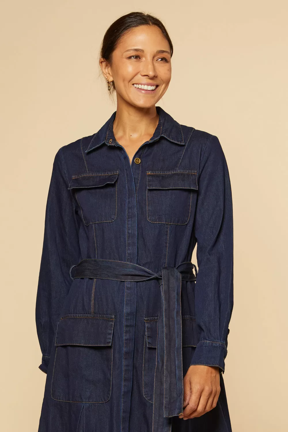 River Chambray Pocket Dress in Dark Wash