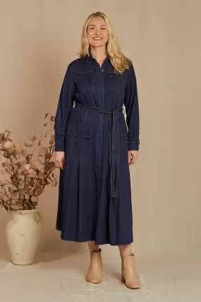 River Chambray Pocket Dress in Dark Wash